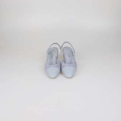 Chanel Light Blue Tweed and Leather Cap Toe Slingback Pumps