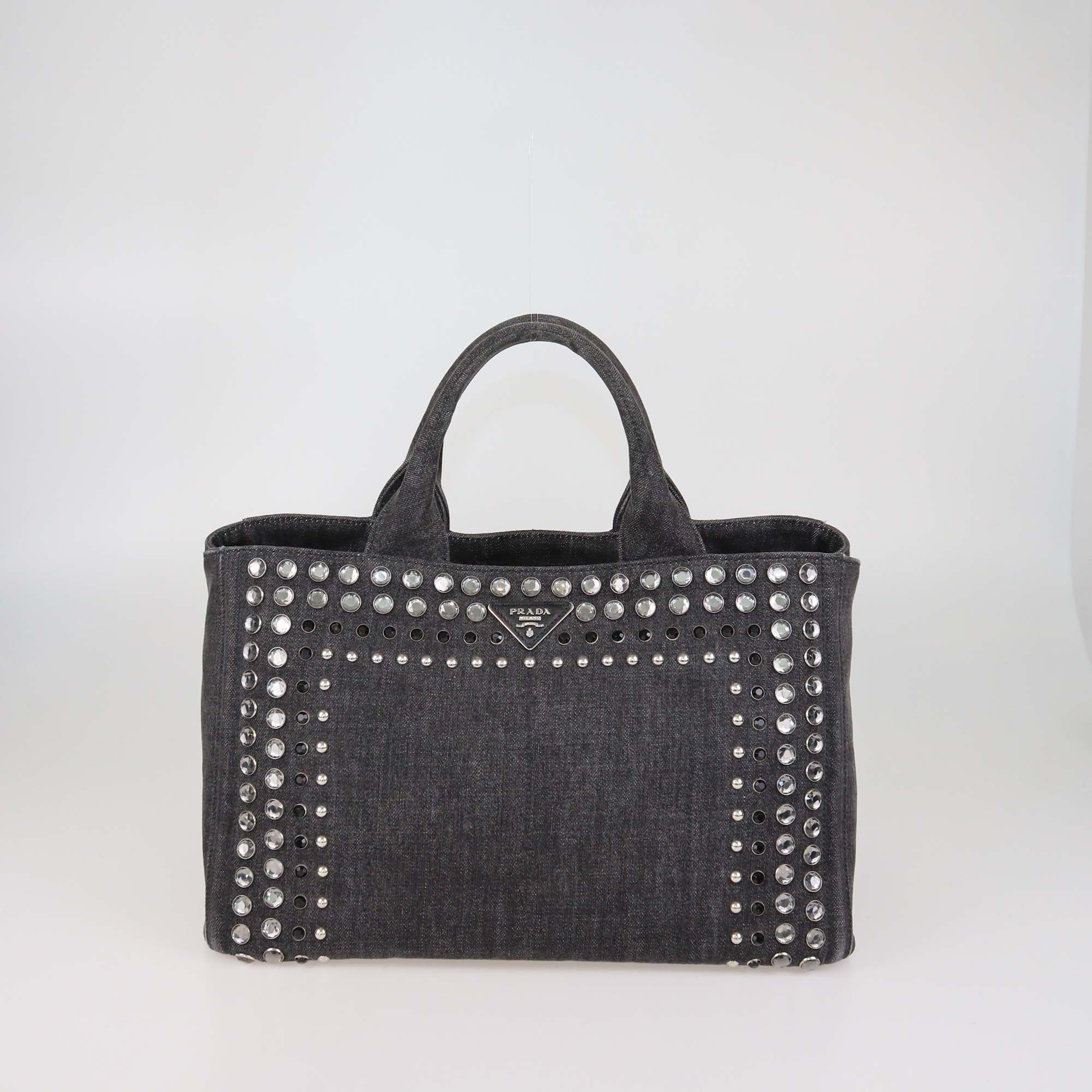 Prada Black Denim Crystal Studded Canapa Tote