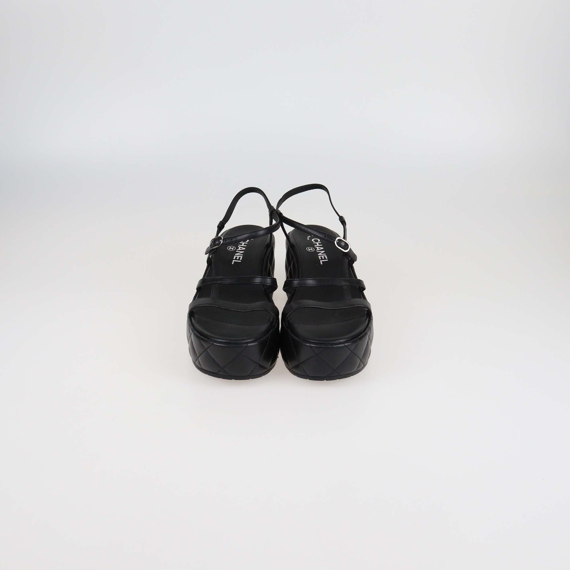 Chanel Black Quilted Leather Logo Wedge Ankle Strap Sandals Womens Chanel 