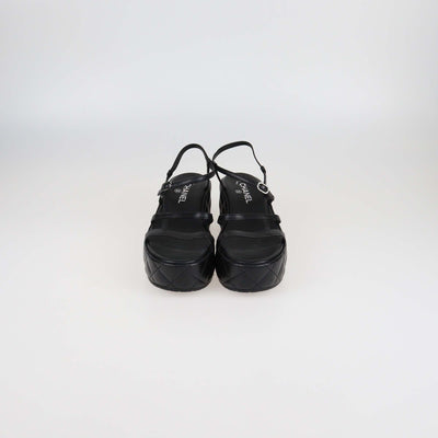 Chanel Black Quilted Leather Logo Wedge Ankle Strap Sandals Womens Chanel 