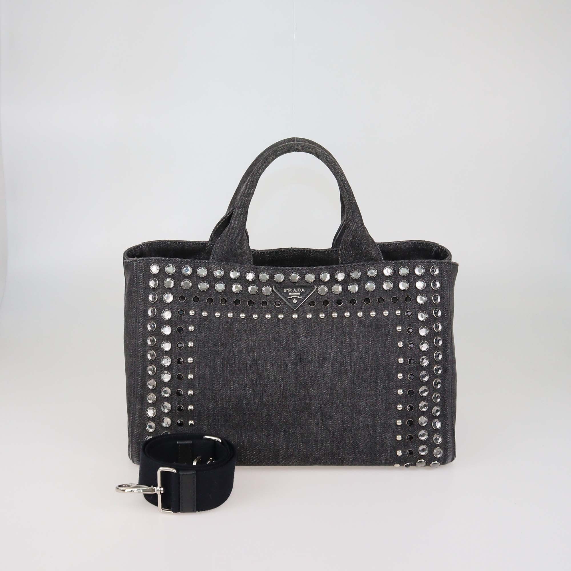 Prada Black Denim Crystal Studded Canapa Tote