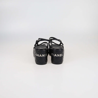 Chanel Black Quilted Leather Logo Wedge Ankle Strap Sandals Womens Chanel 