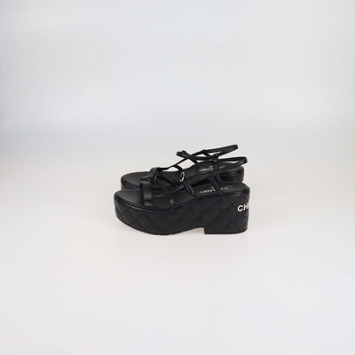Chanel Black Quilted Leather Logo Wedge Ankle Strap Sandals Womens Chanel 
