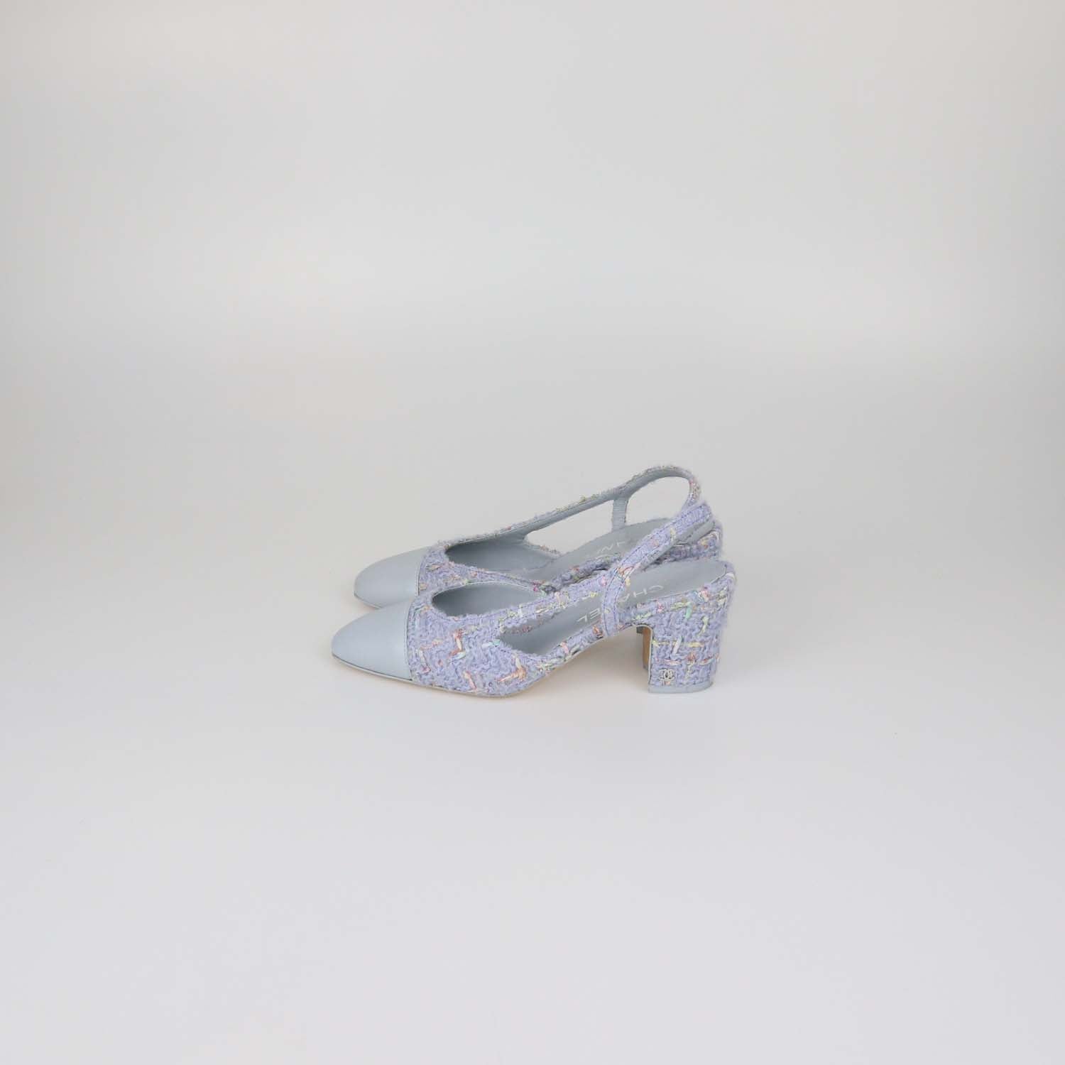 Chanel Light Blue Tweed and Leather Cap Toe Slingback Pumps