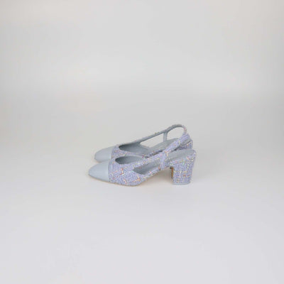 Chanel Light Blue Tweed and Leather Cap Toe Slingback Pumps