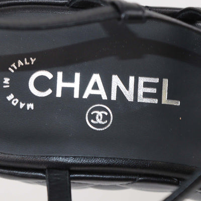 Chanel Black Quilted Leather Logo Wedge Ankle Strap Sandals Womens Chanel 