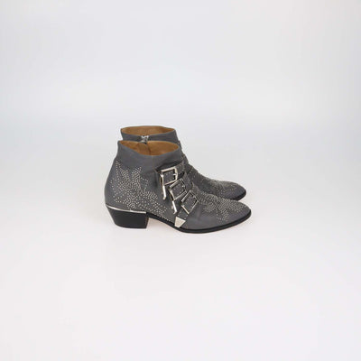 Chloe Grey Leather Studded Suzanna Ankle Boots