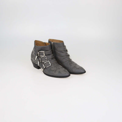 Chloe Grey Leather Studded Suzanna Ankle Boots