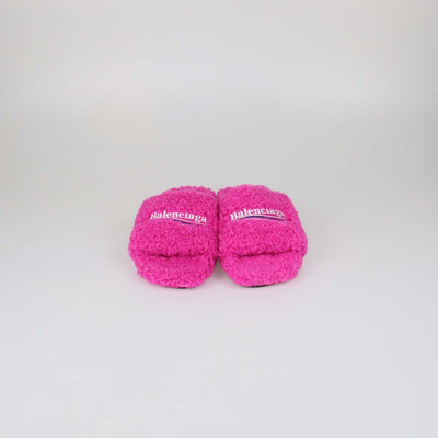 Balenciaga Fuchsia Faux Shearling Furry Flat Slides