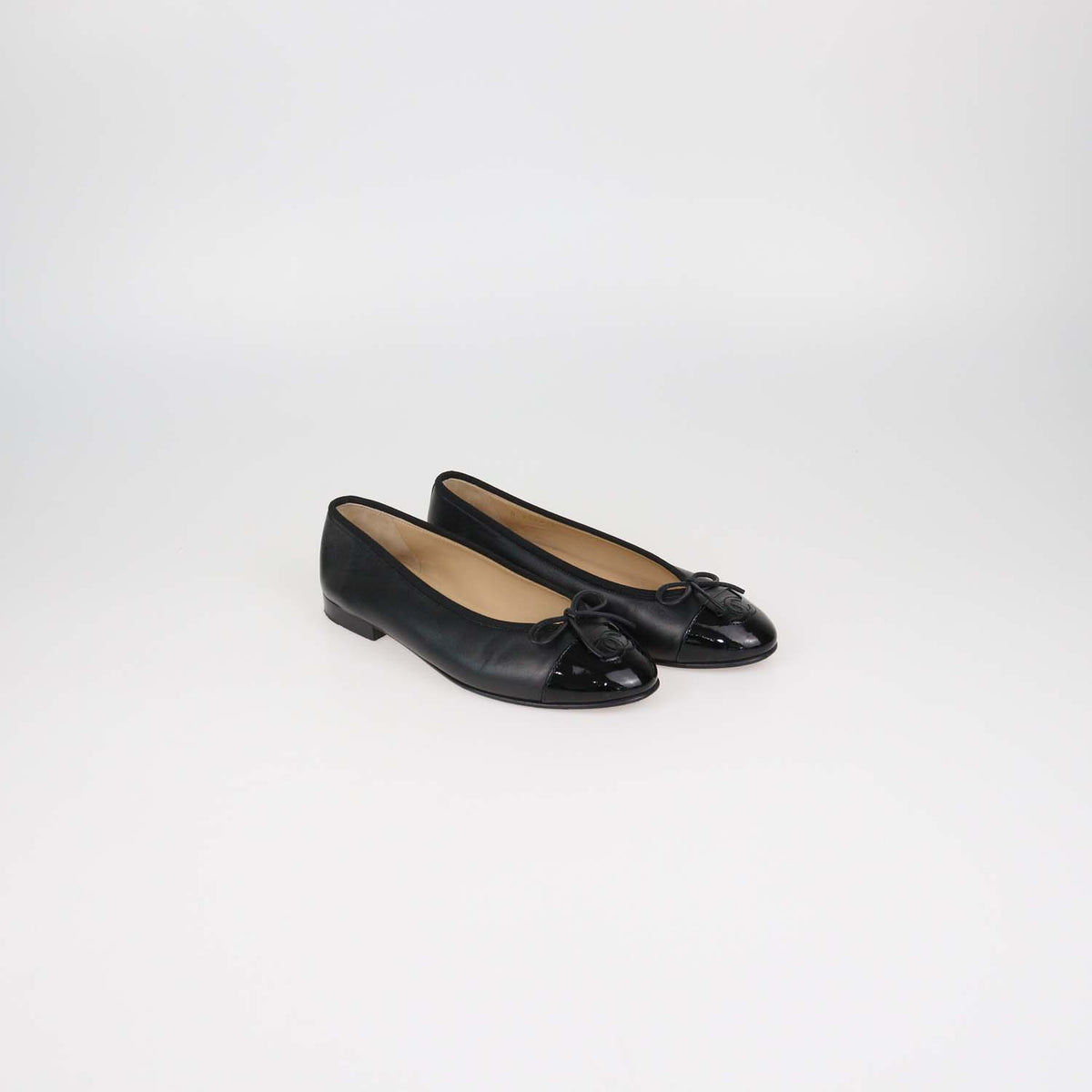 Chanel Black Leather and Patent Leather CC Cap Toe Flats