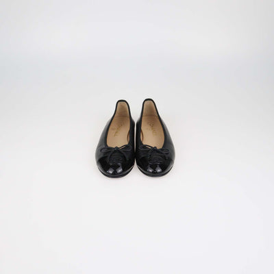 Chanel Black Leather and Patent Leather CC Cap Toe Flats