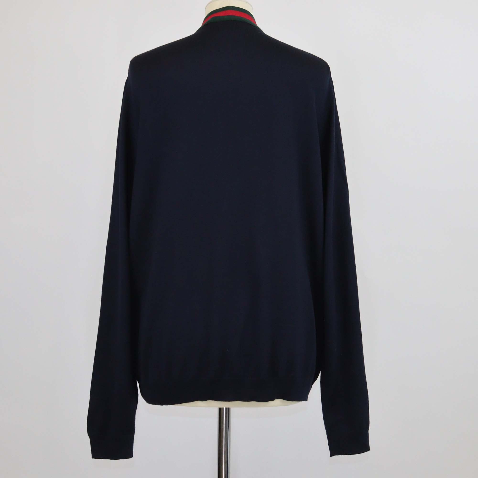 Gucci Navy Blue Wool Knitted Web Trim Cardigan