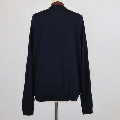 Gucci Navy Blue Wool Knitted Web Trim Cardigan