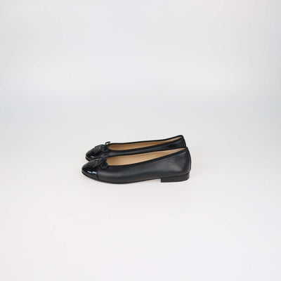 Chanel Black Leather and Patent Leather CC Cap Toe Flats