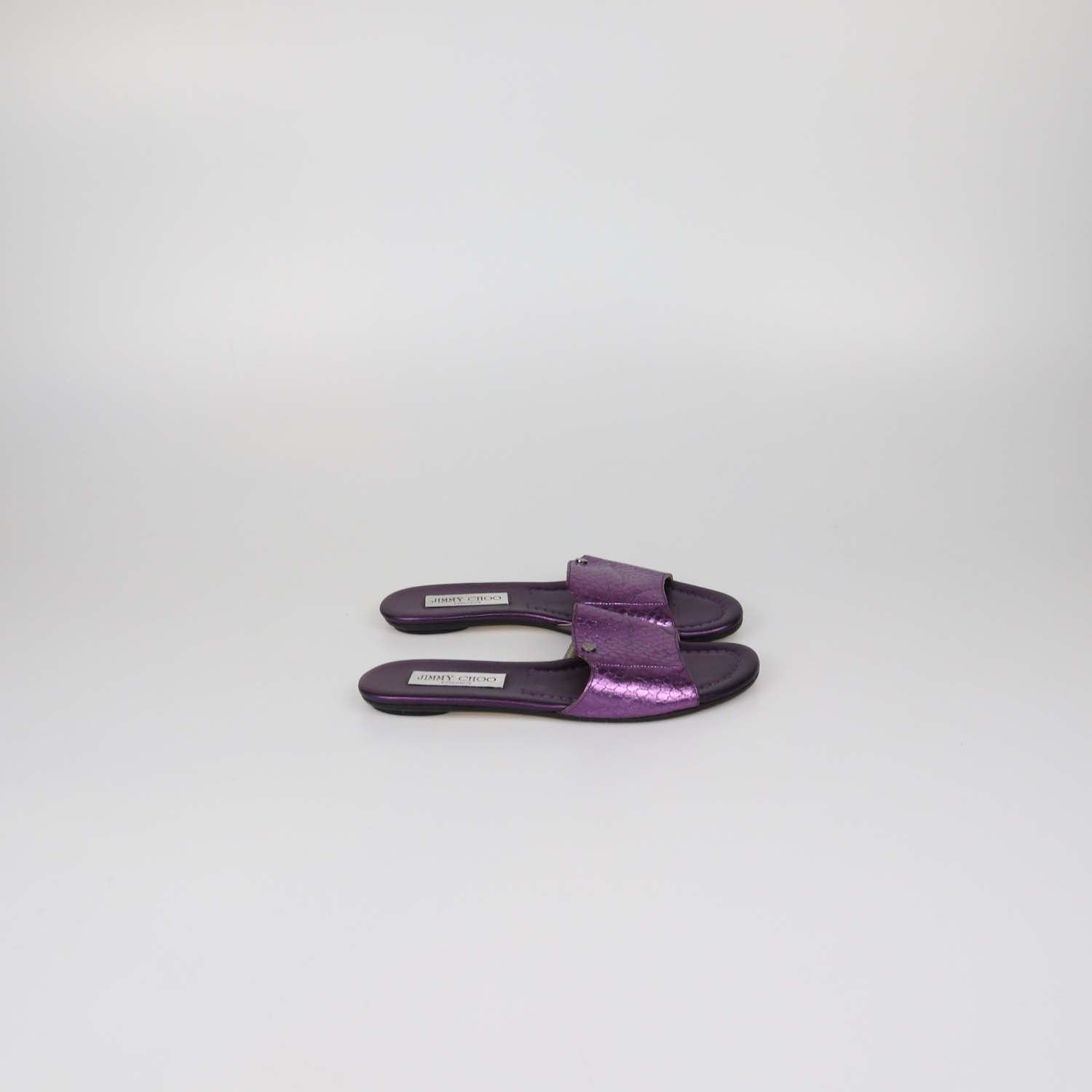 Jimmy Choo Metallic Purple Snake Embossed Leather Nanda Flat Slides
