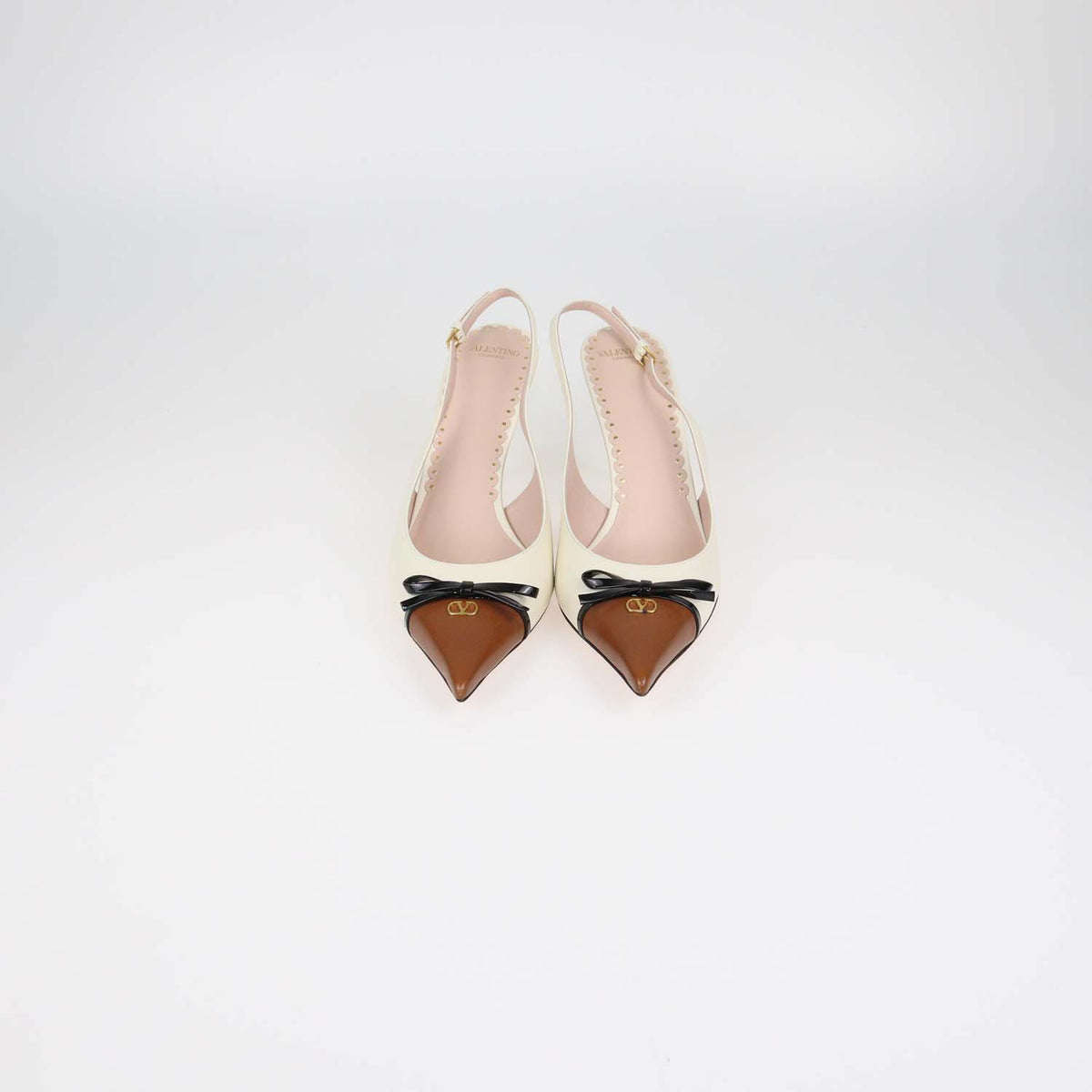 Valentino Ivory,Brown Leather Bepointy Slingback Pumps