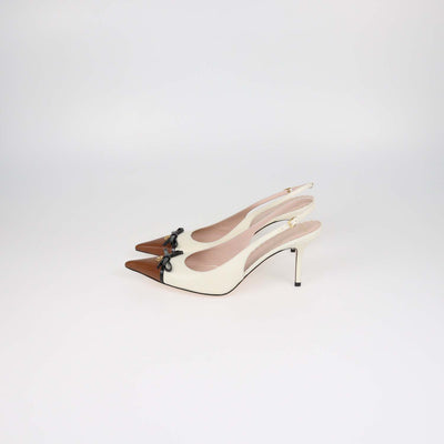 Valentino Ivory,Brown Leather Bepointy Slingback Pumps