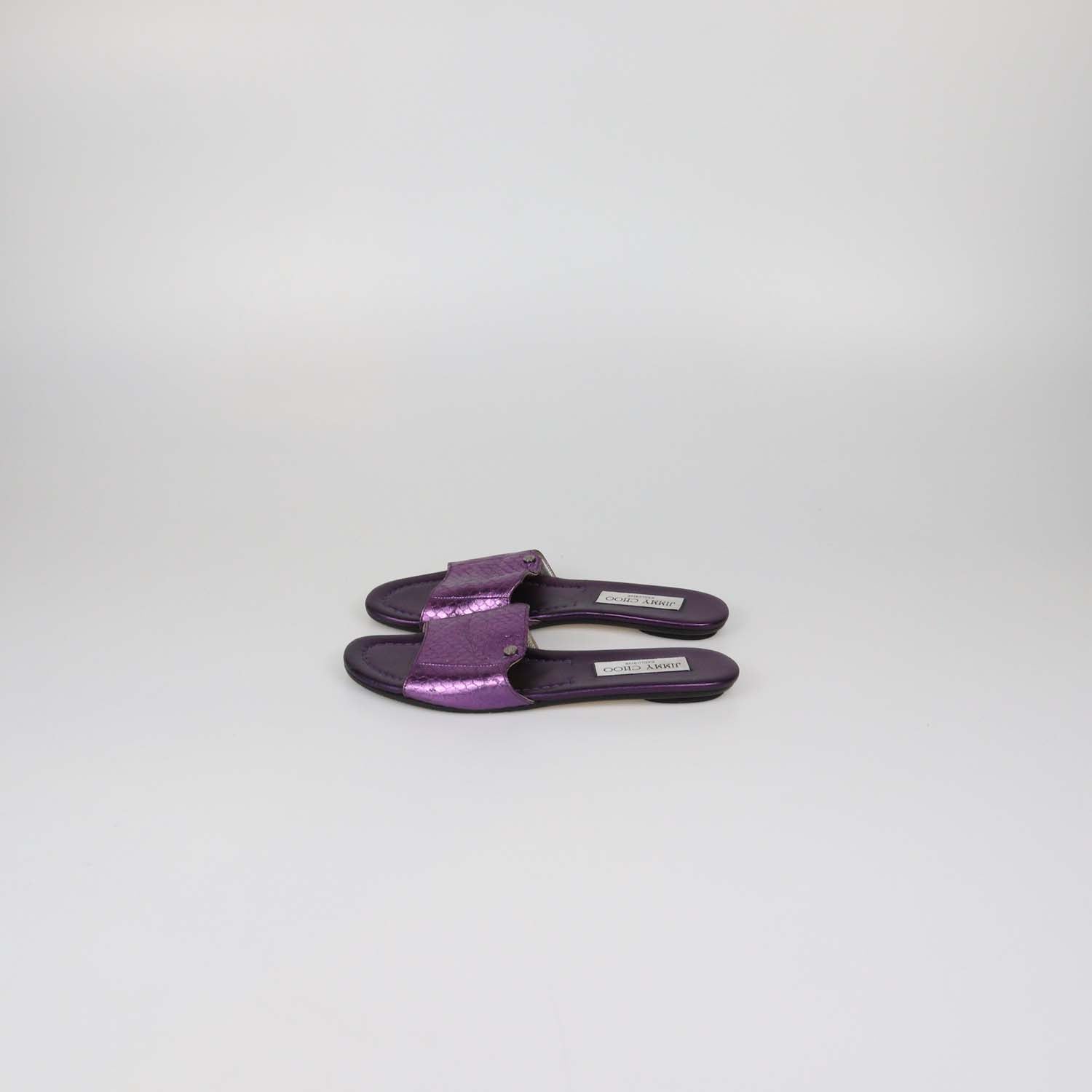 Jimmy Choo Metallic Purple Snake Embossed Leather Nanda Flat Slides