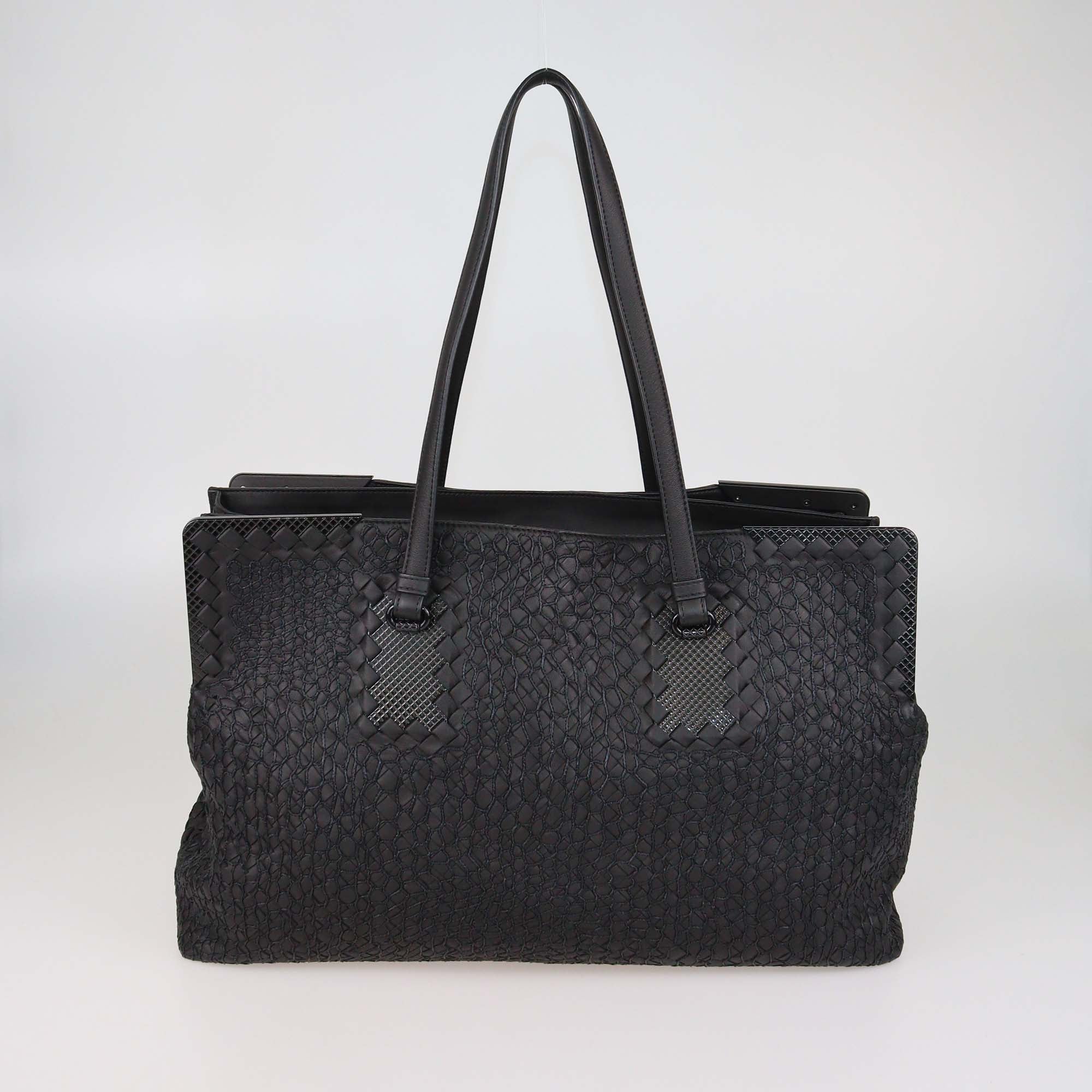 Bottega Veneta Black Intrecciato Leather Embroidered Straw Frame Satchel