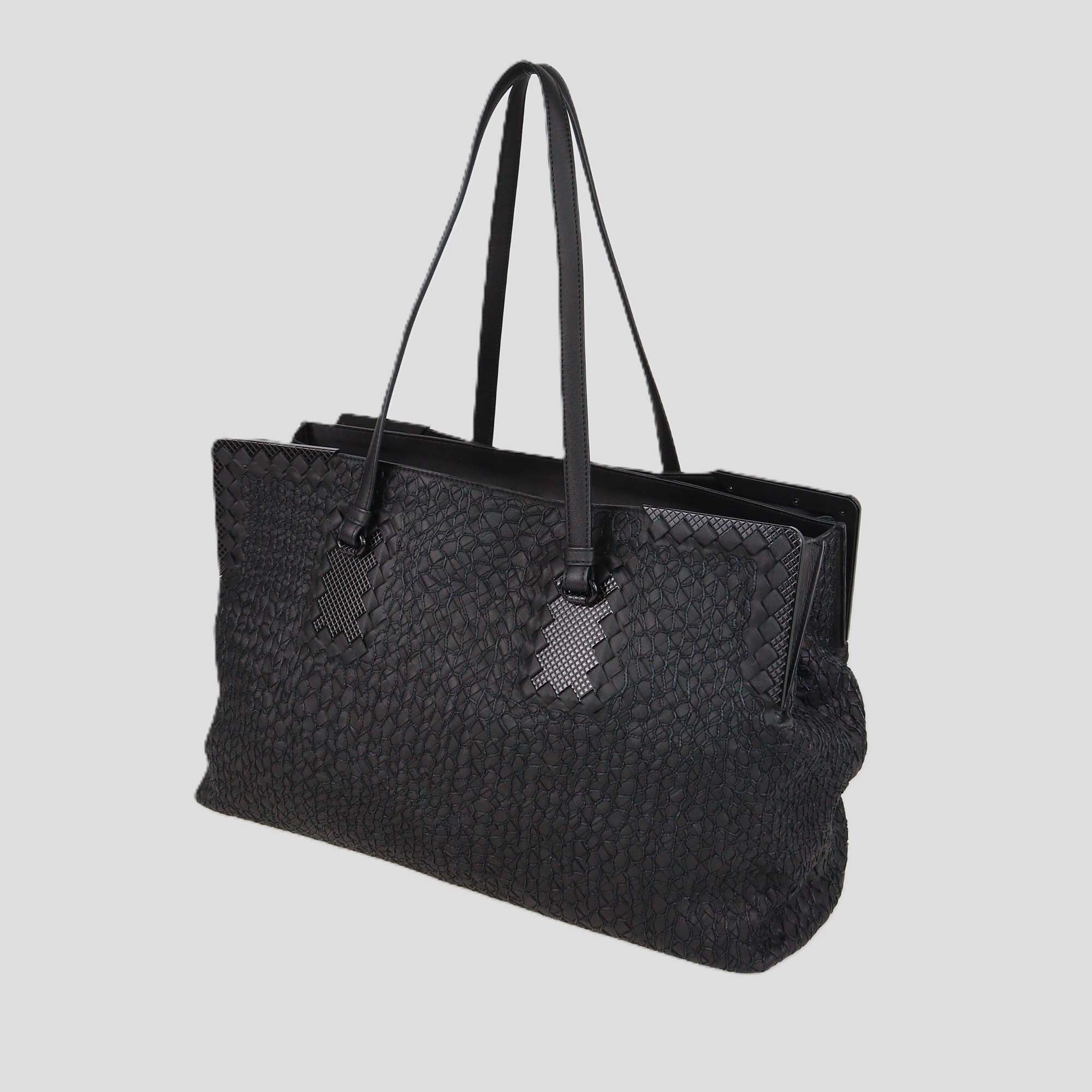 Bottega Veneta Black Intrecciato Leather Embroidered Straw Frame Satchel