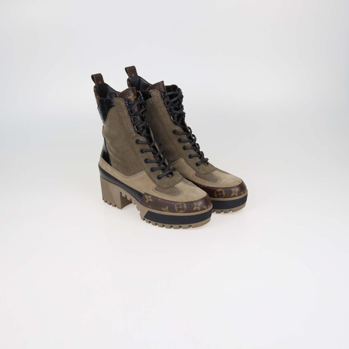 Louis Vuitton Multicolor Suede Monogram Canvas and Croc Embossed Leather Laureate Desert Boots
