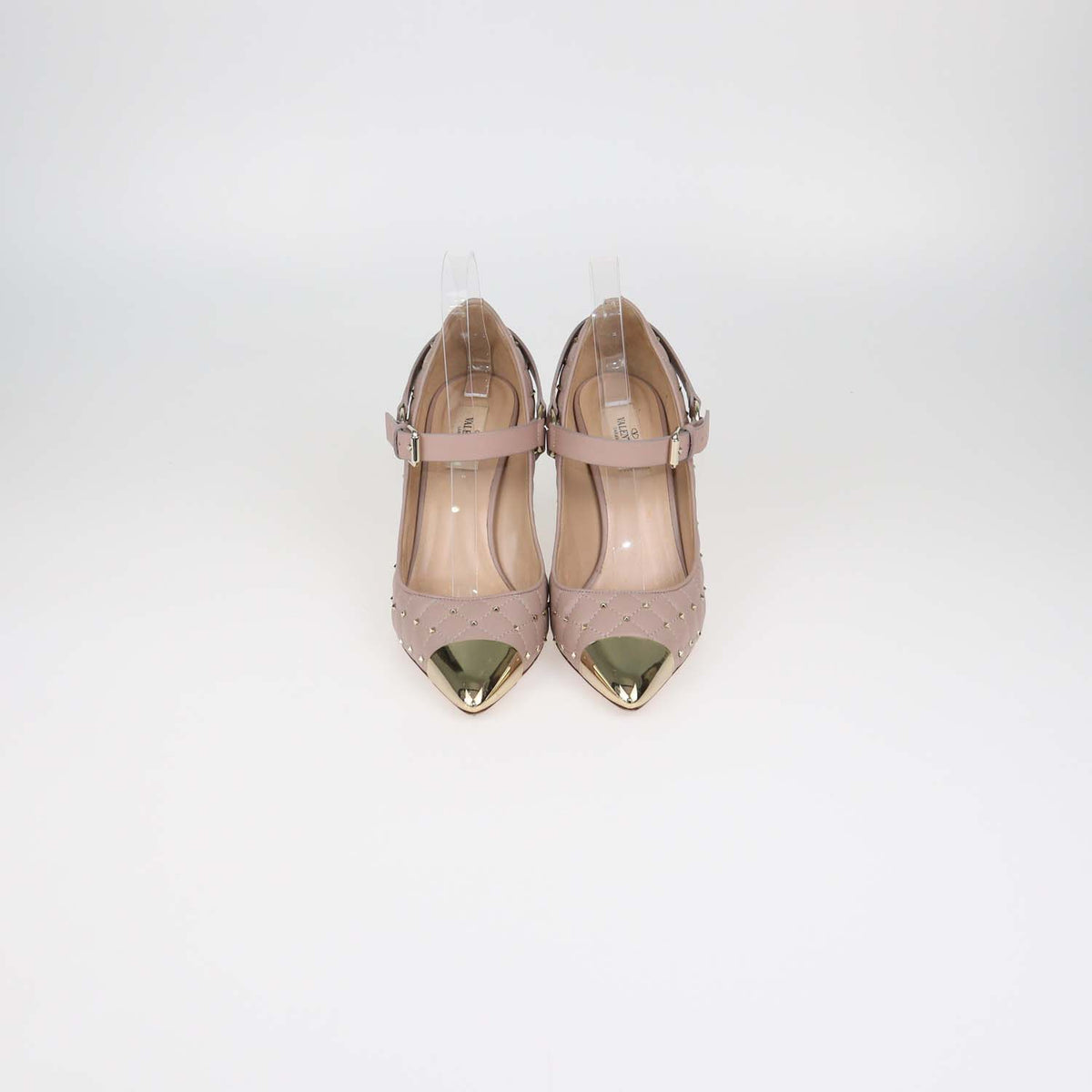 Valentino Beige Quilted Leather Rockstud Ankle Strap Cap Toe Pumps