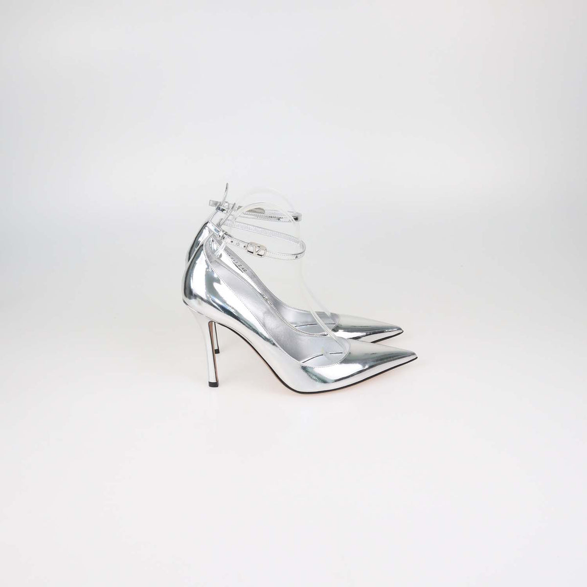 Valentino Silver Leather Tan-Go Ankle Strap Pumps