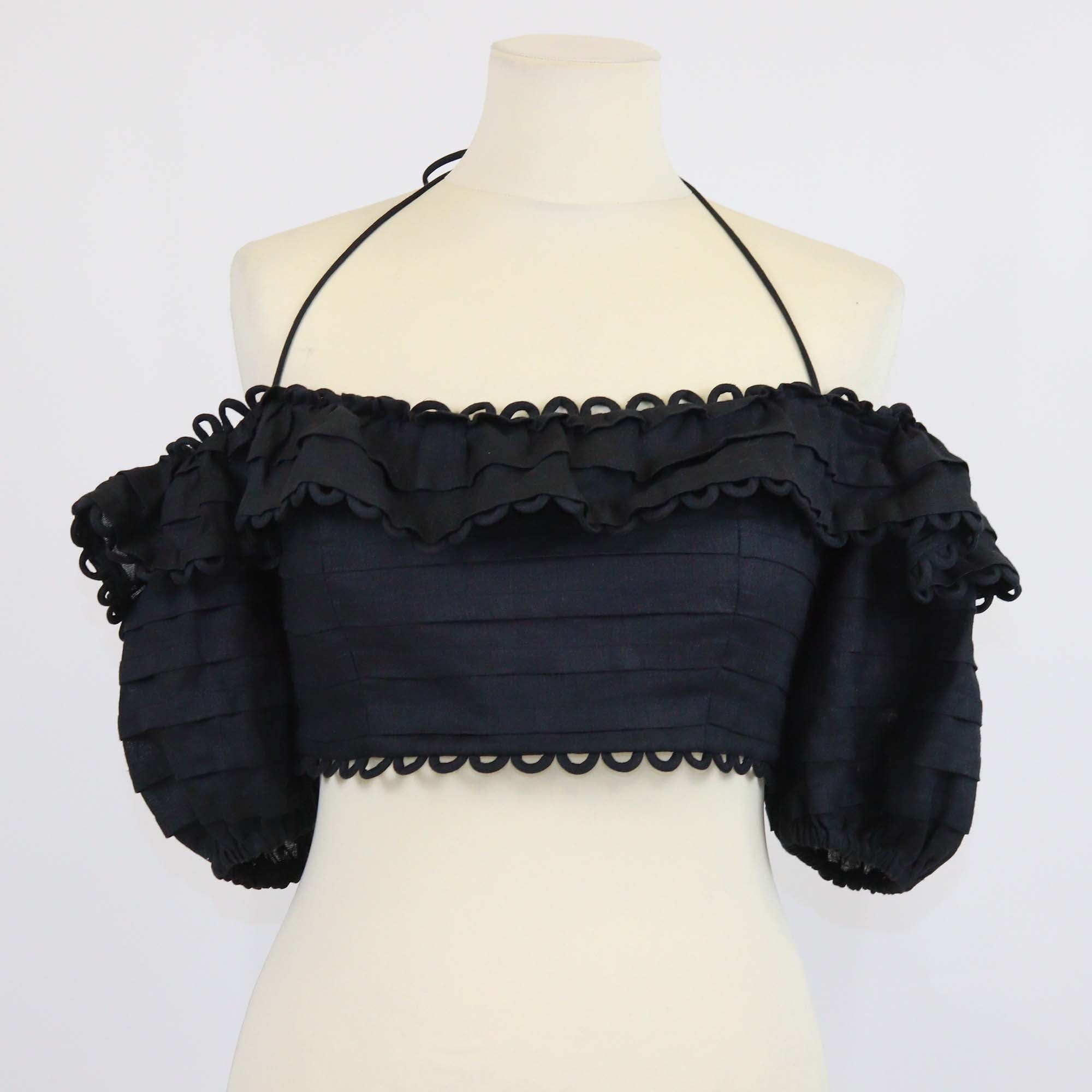 Zimmermann Black Linen Scallop Detail Off-Shoulder Crop Top