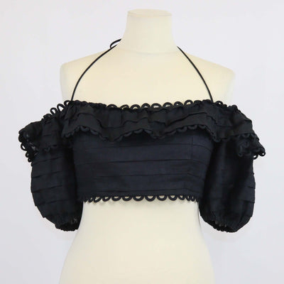 Zimmermann Black Linen Scallop Detail Off-Shoulder Crop Top