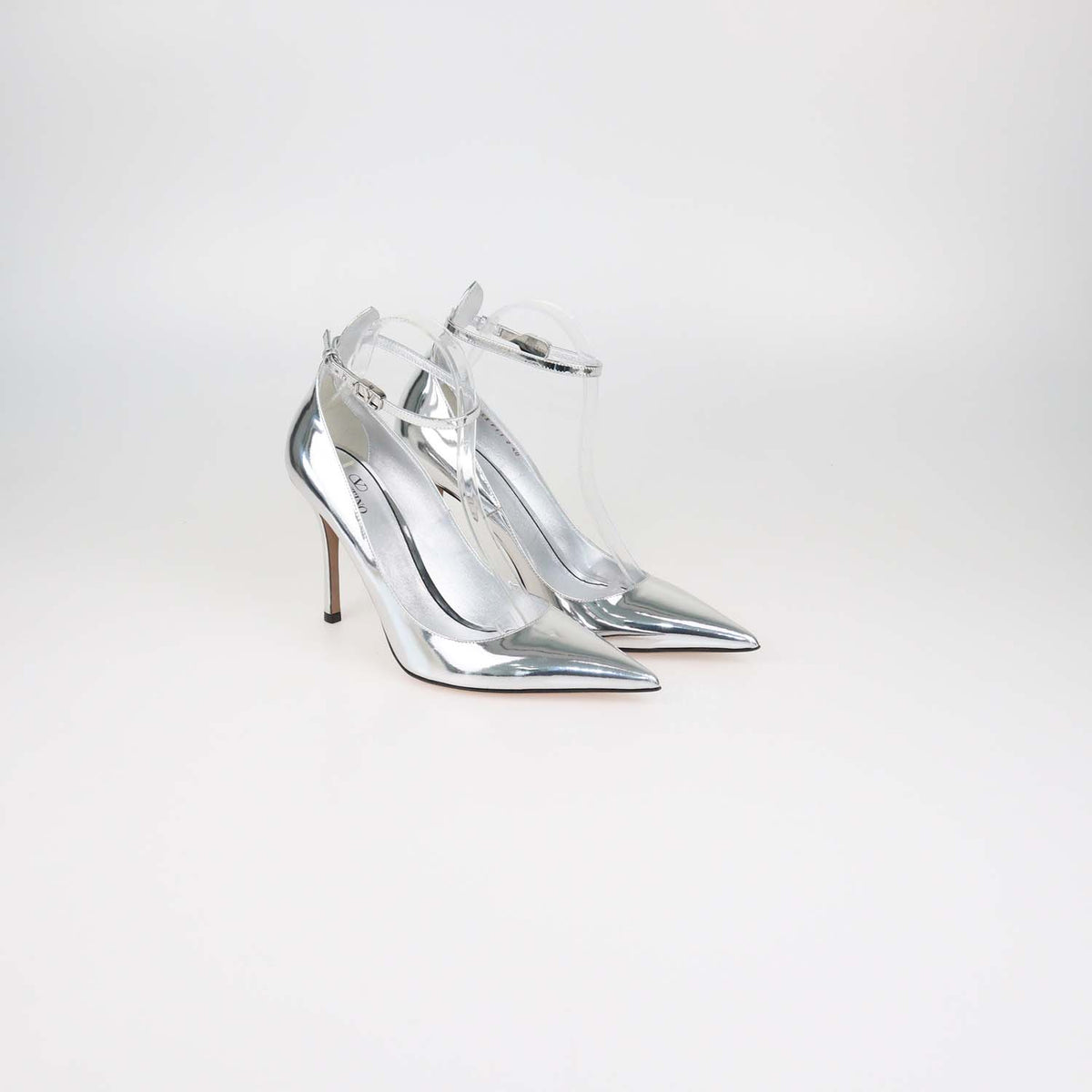 Valentino Silver Leather Tan-Go Ankle Strap Pumps