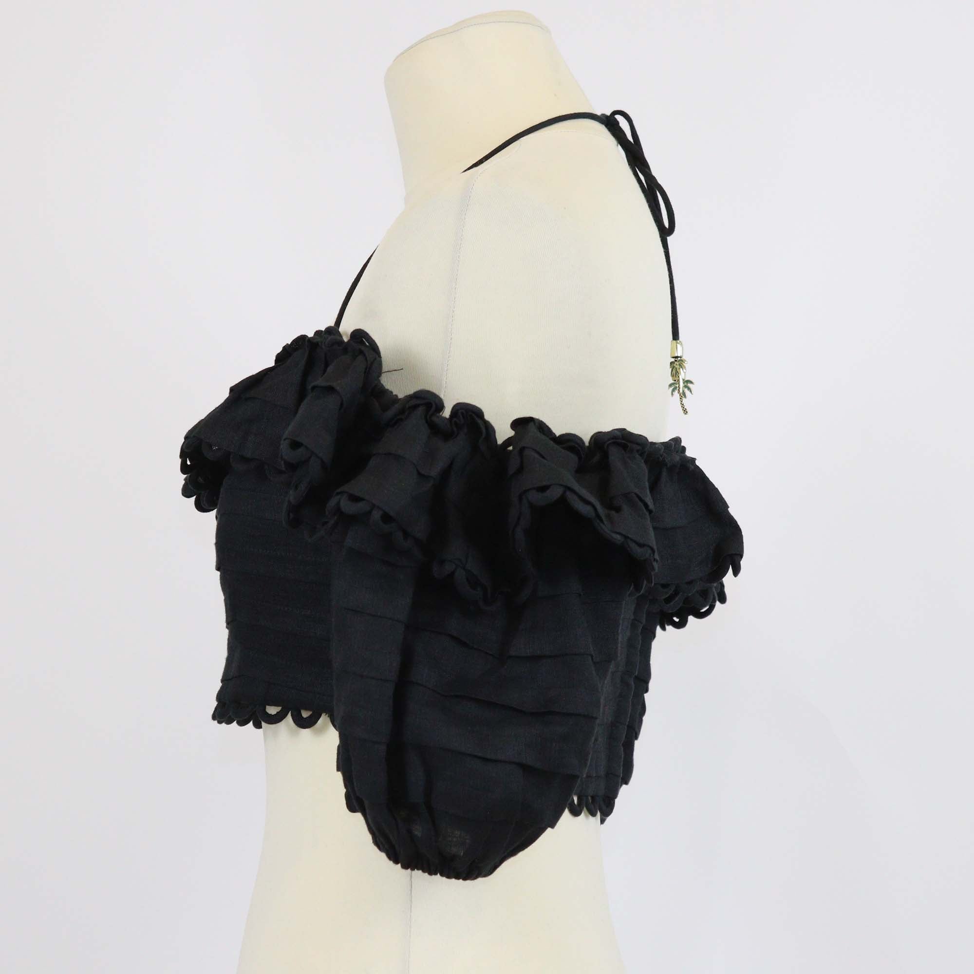 Zimmermann Black Linen Scallop Detail Off-Shoulder Crop Top