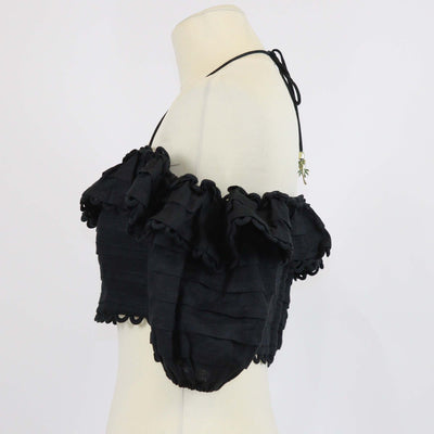Zimmermann Black Linen Scallop Detail Off-Shoulder Crop Top