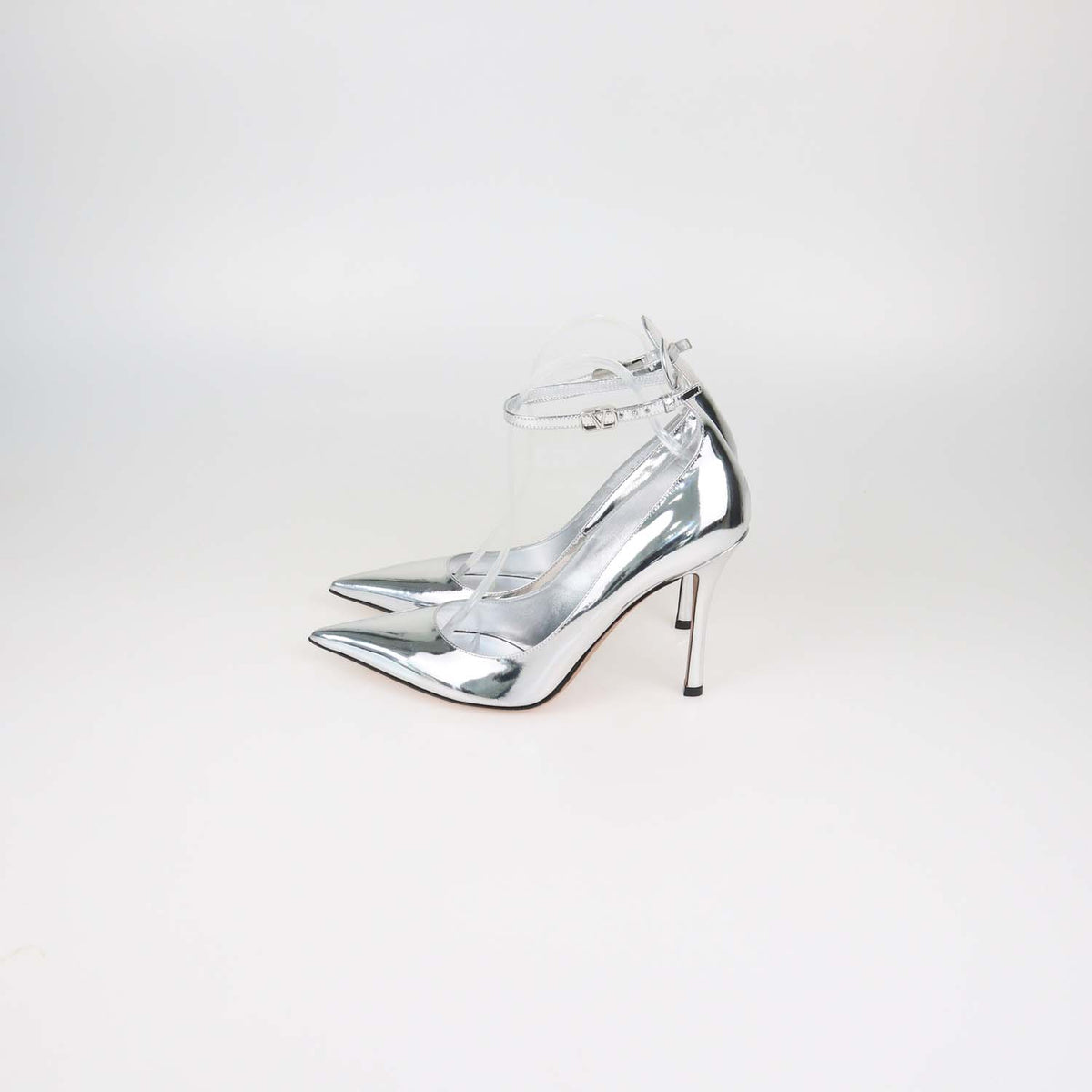 Valentino Silver Leather Tan-Go Ankle Strap Pumps