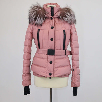 Moncler Pink Nylon Puffer Fur Trim Belted Hooded Jacket