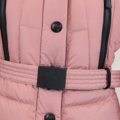 Moncler Pink Nylon Puffer Fur Trim Belted Hooded Jacket