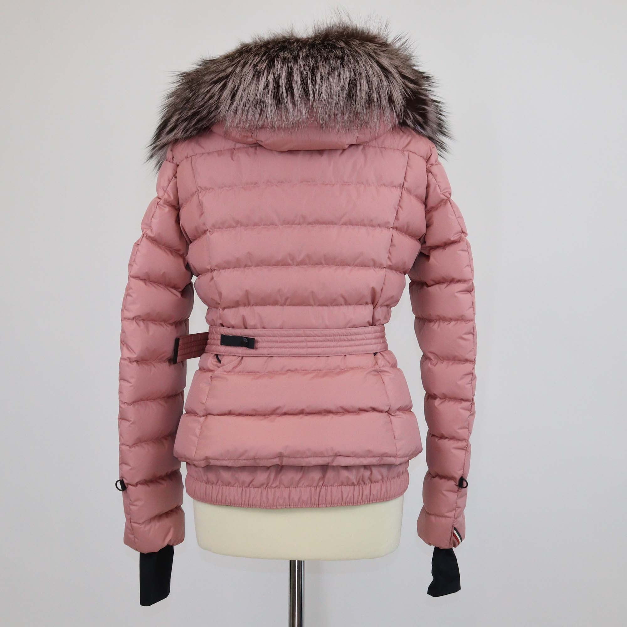 Moncler Pink Nylon Puffer Fur Trim Belted Hooded Jacket
