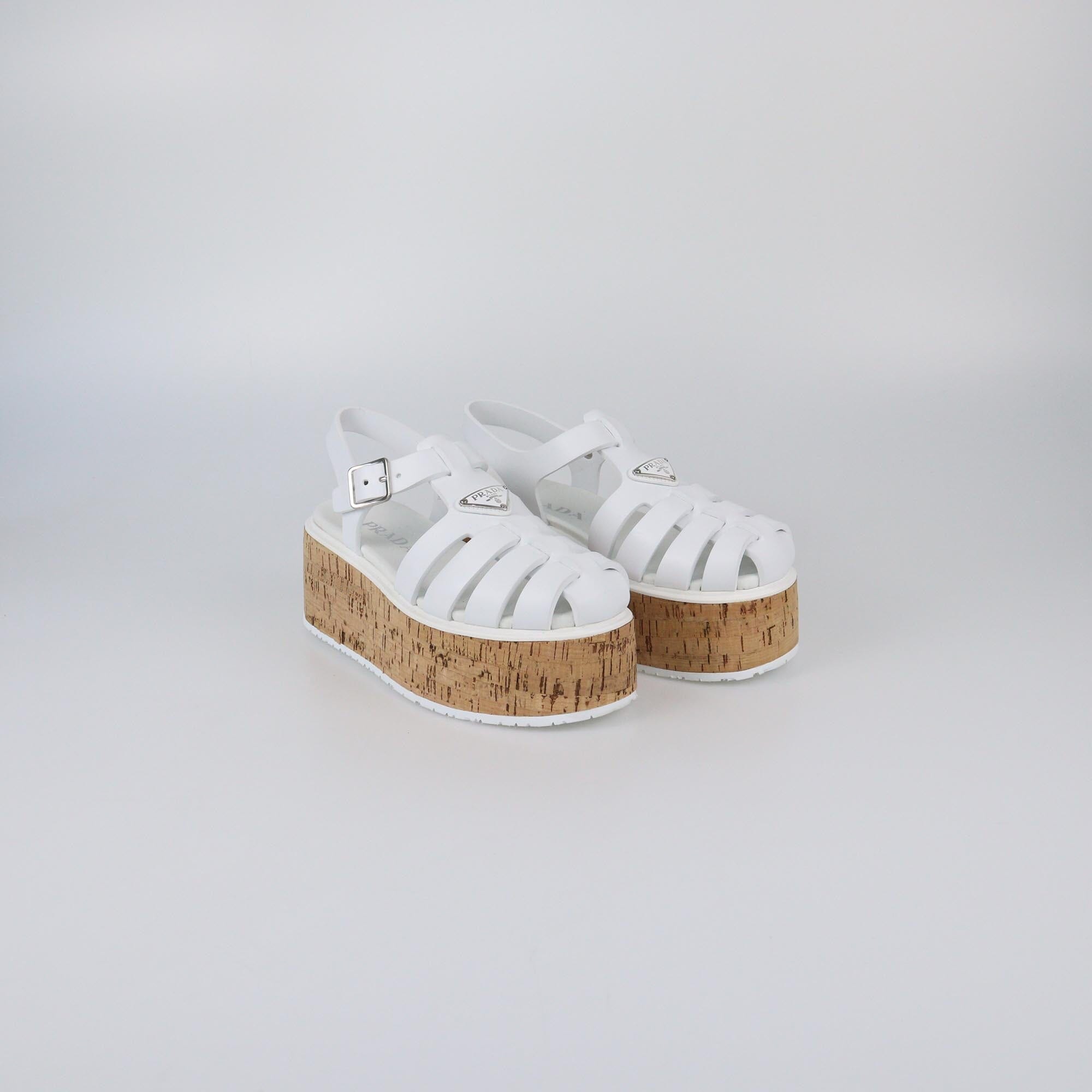 Prada White Wedge Platform Monolith Cage Sandals Womens Prada 