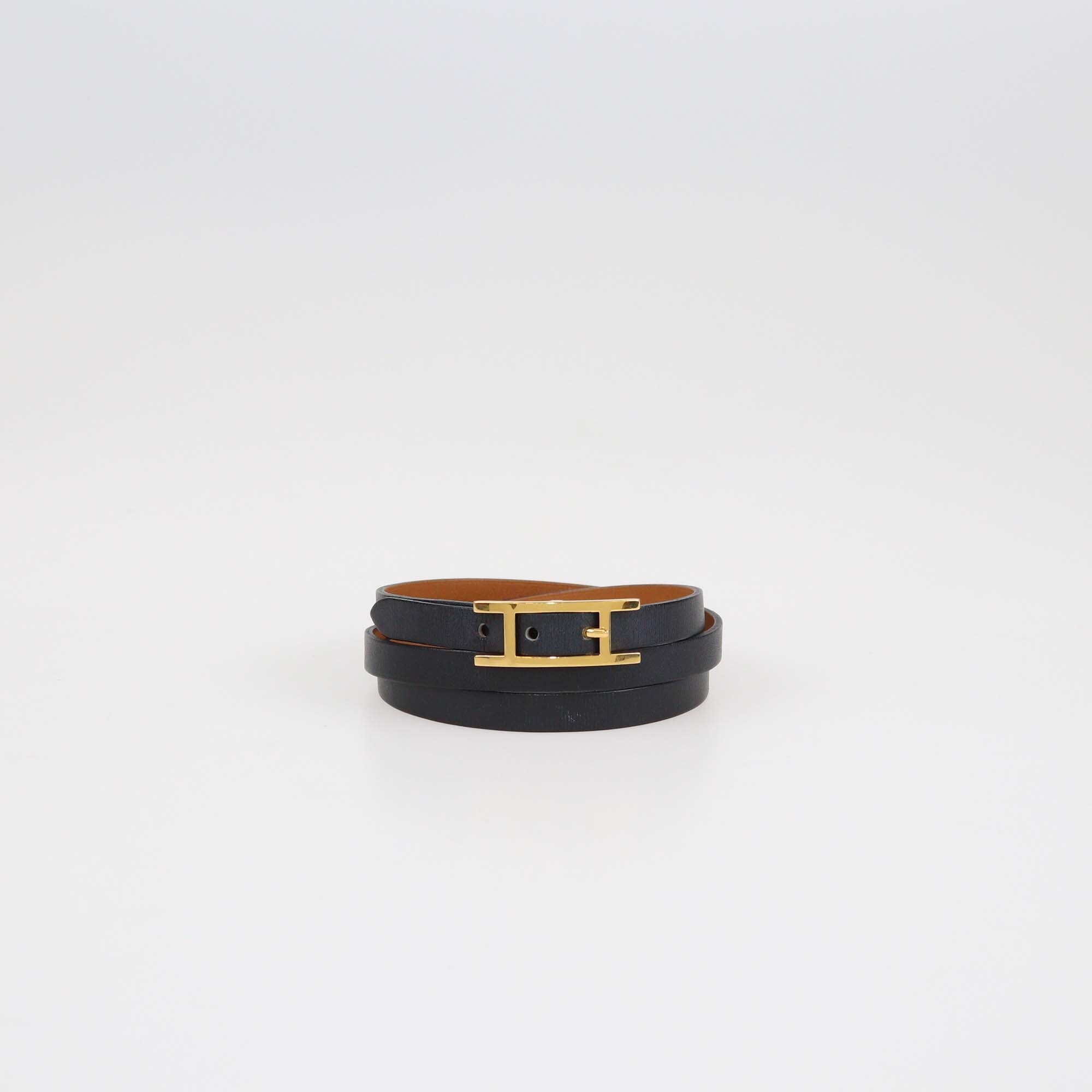 Hermes Black Leather Gold Plated Triple Tour Reversible Behapi Bracelet Womens Hermes 