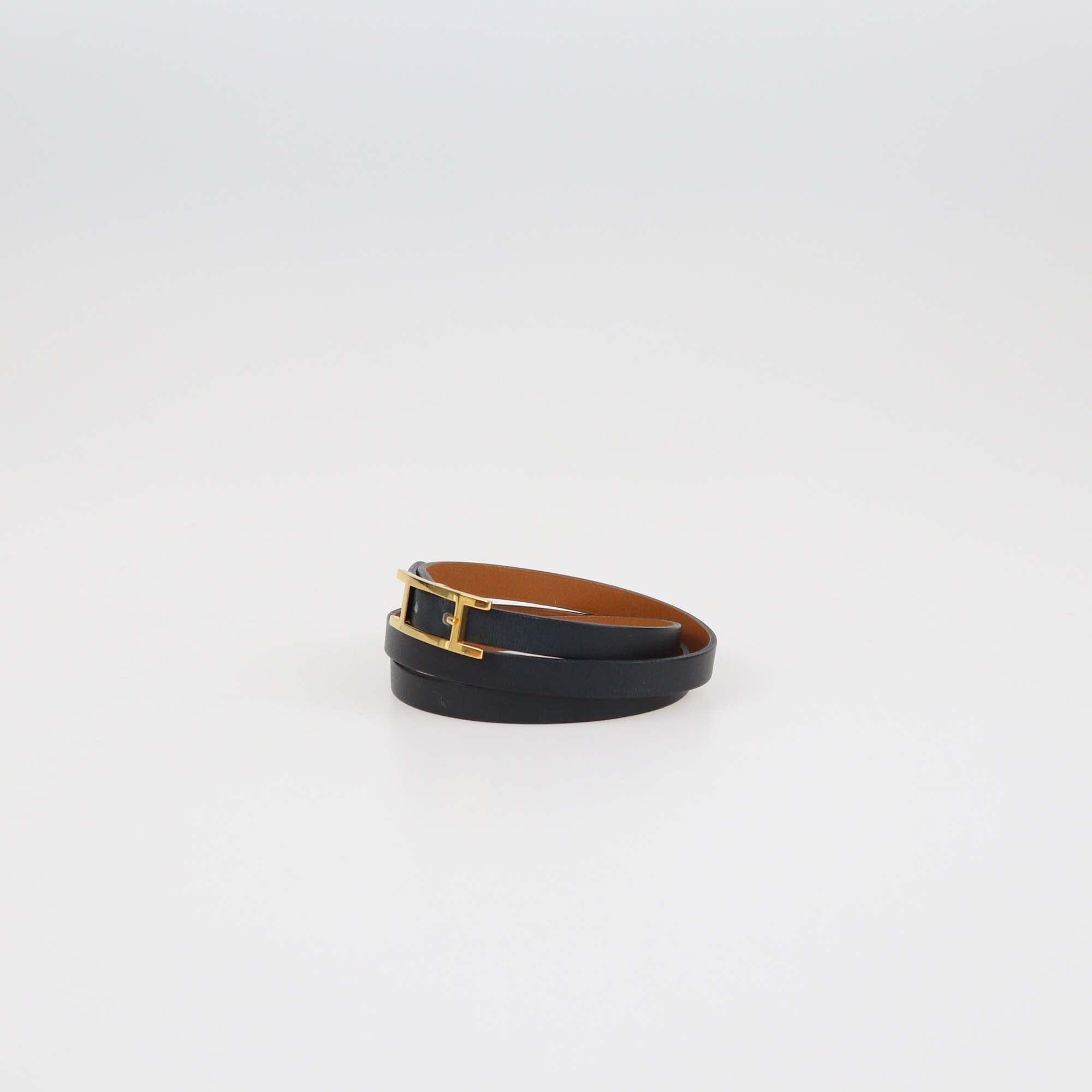 Hermes Black Leather Gold Plated Triple Tour Reversible Behapi Bracelet Womens Hermes 