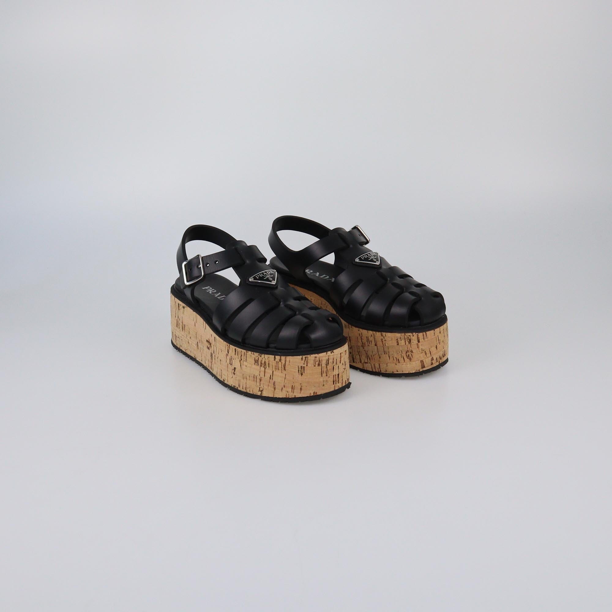 Prada Black Wedge Platform Monolith Cage Sandals Womens Prada 