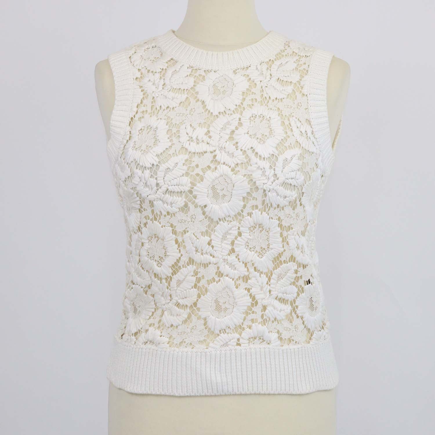 Valentino Off White Cotton Knit Lace Floral Sleeveless Top