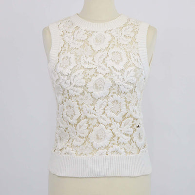 Valentino Off White Cotton Knit Lace Floral Sleeveless Top