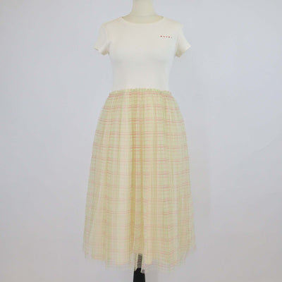 Marni Kids Light Yellow Cotton Check Print Mesh Skirt Logo Embroidered Short Sleeve Dress
