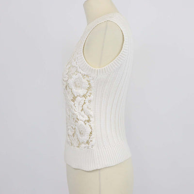 Valentino Off White Cotton Knit Lace Floral Sleeveless Top