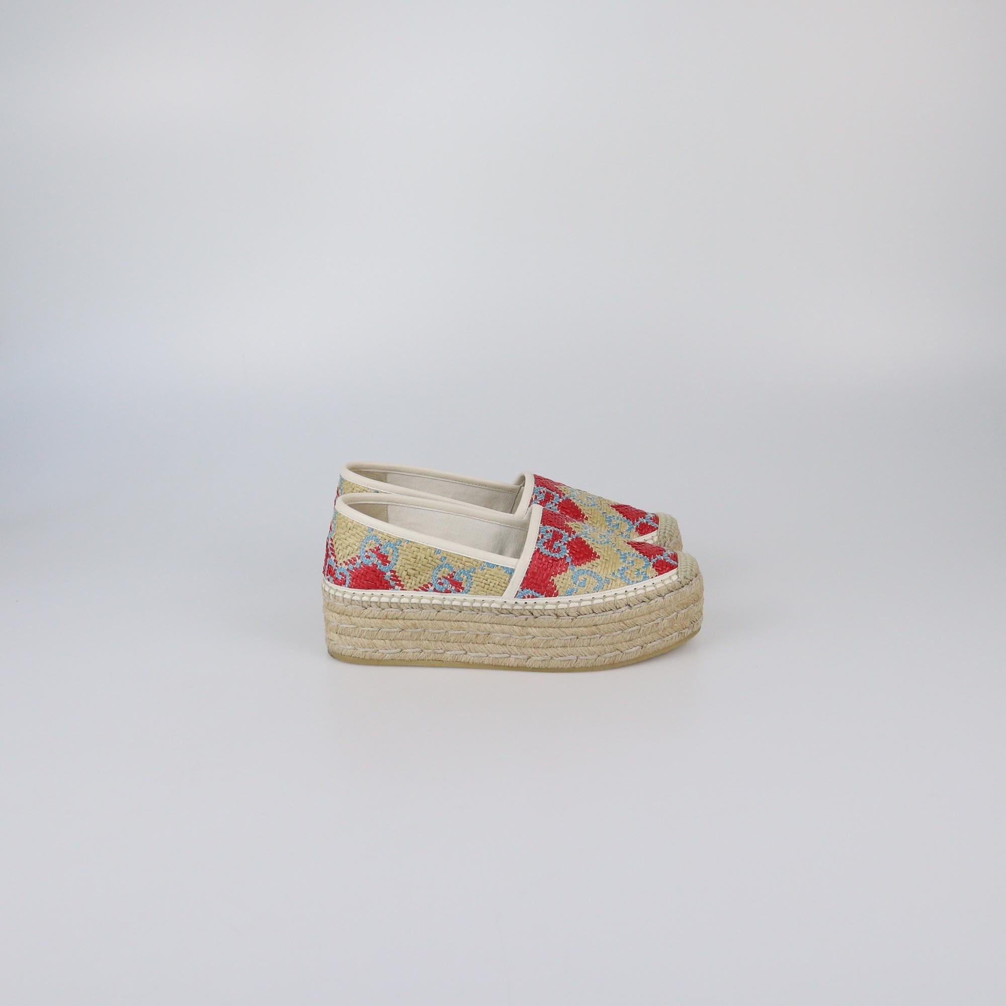 Gucci Multicolor GG Woven Platform Espadrille Flats Womens Gucci 