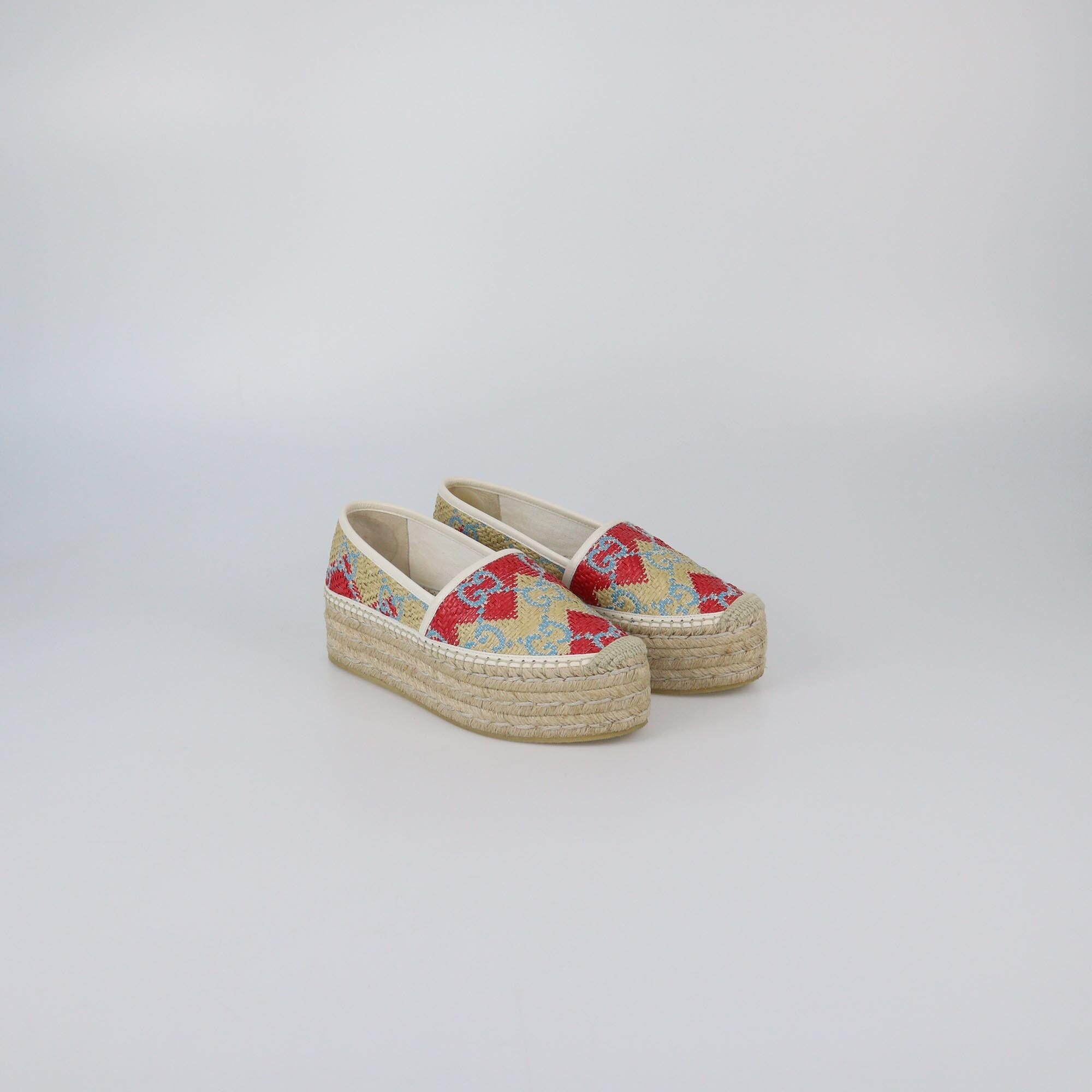 Gucci Multicolor GG Woven Platform Espadrille Flats Womens Gucci 