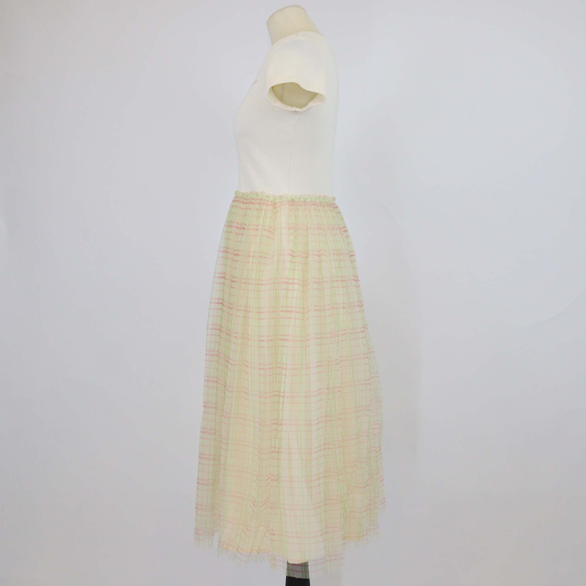 Marni Kids Light Yellow Cotton Check Print Mesh Skirt Logo Embroidered Short Sleeve Dress