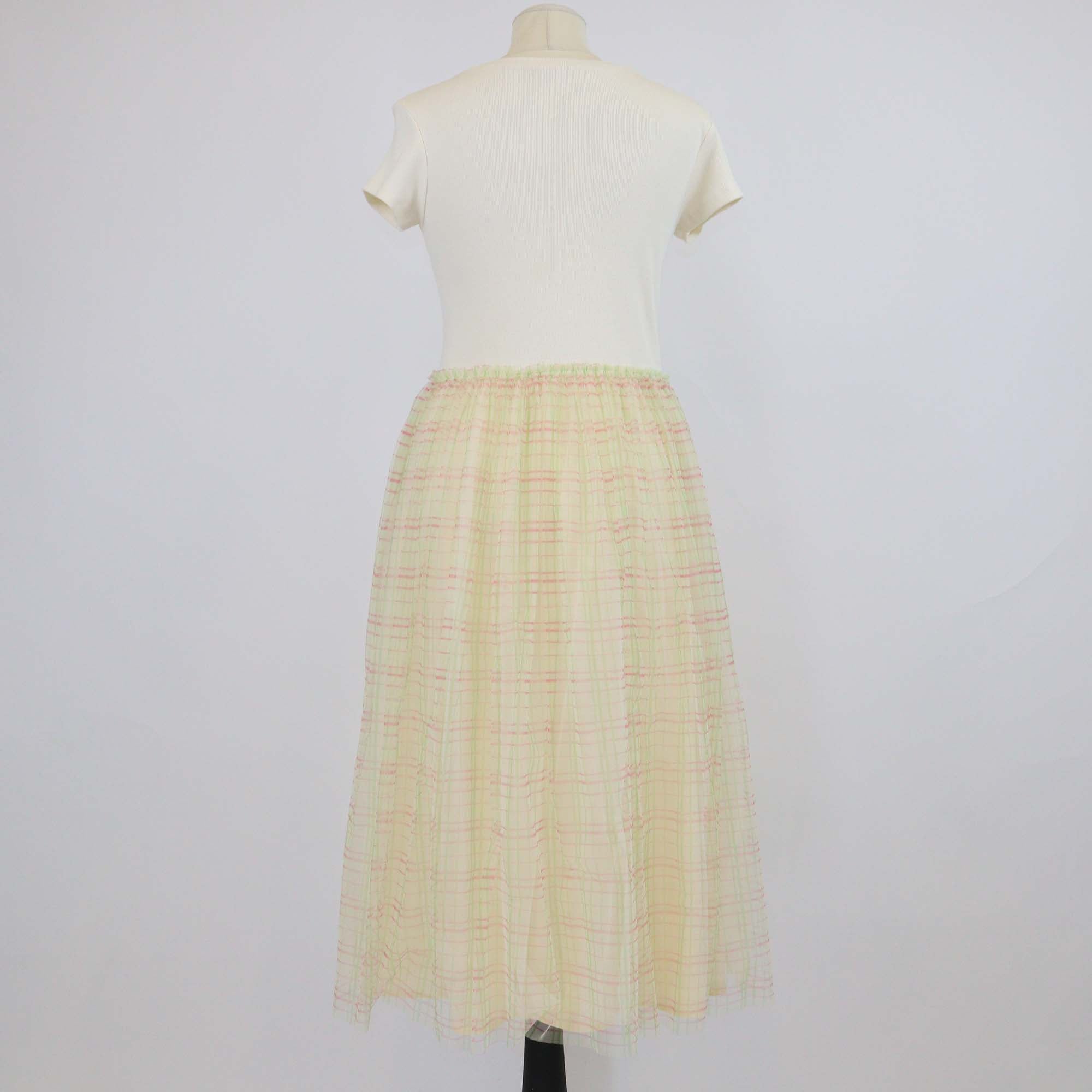 Marni Kids Light Yellow Cotton Check Print Mesh Skirt Logo Embroidered Short Sleeve Dress