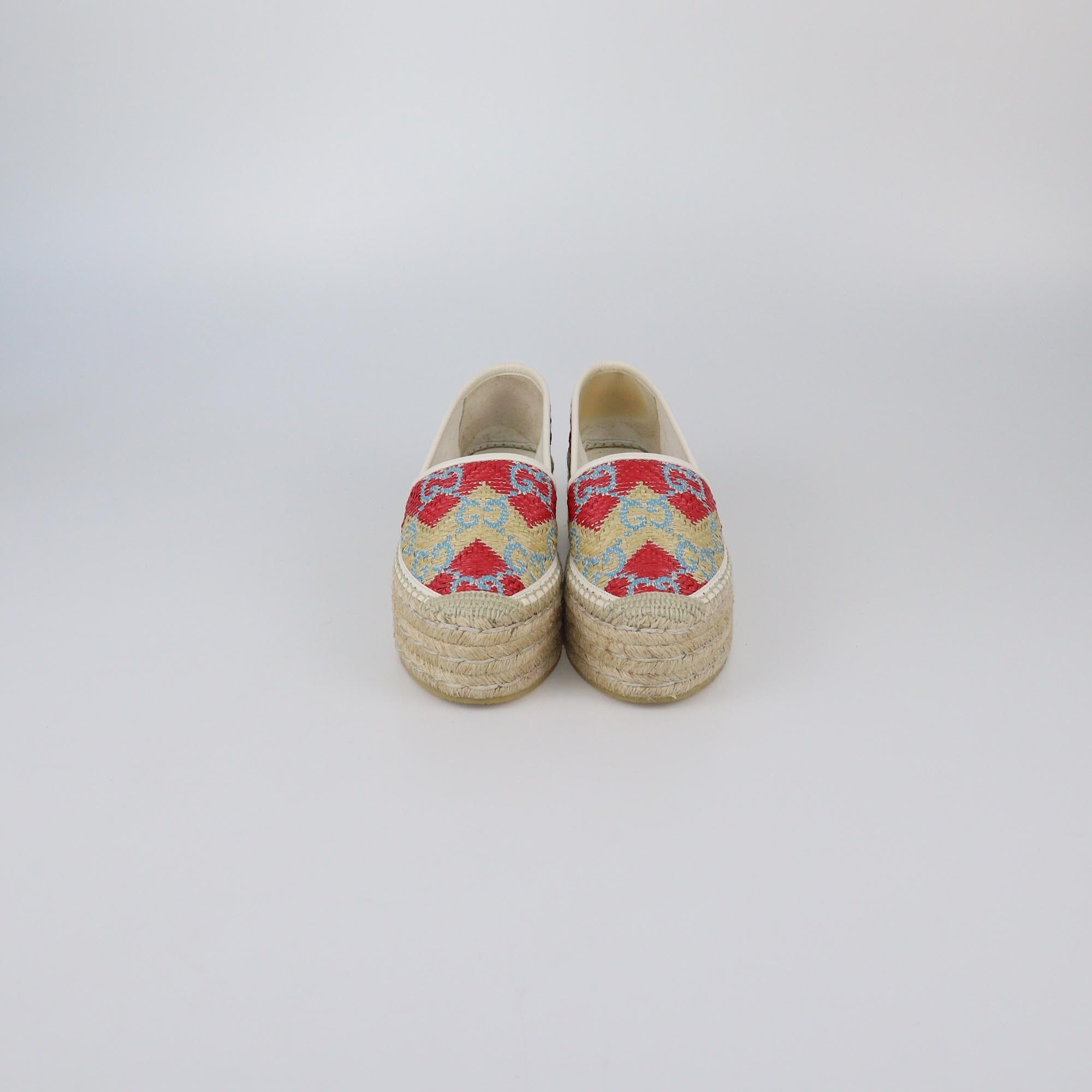 Gucci Multicolor GG Woven Platform Espadrille Flats Womens Gucci 