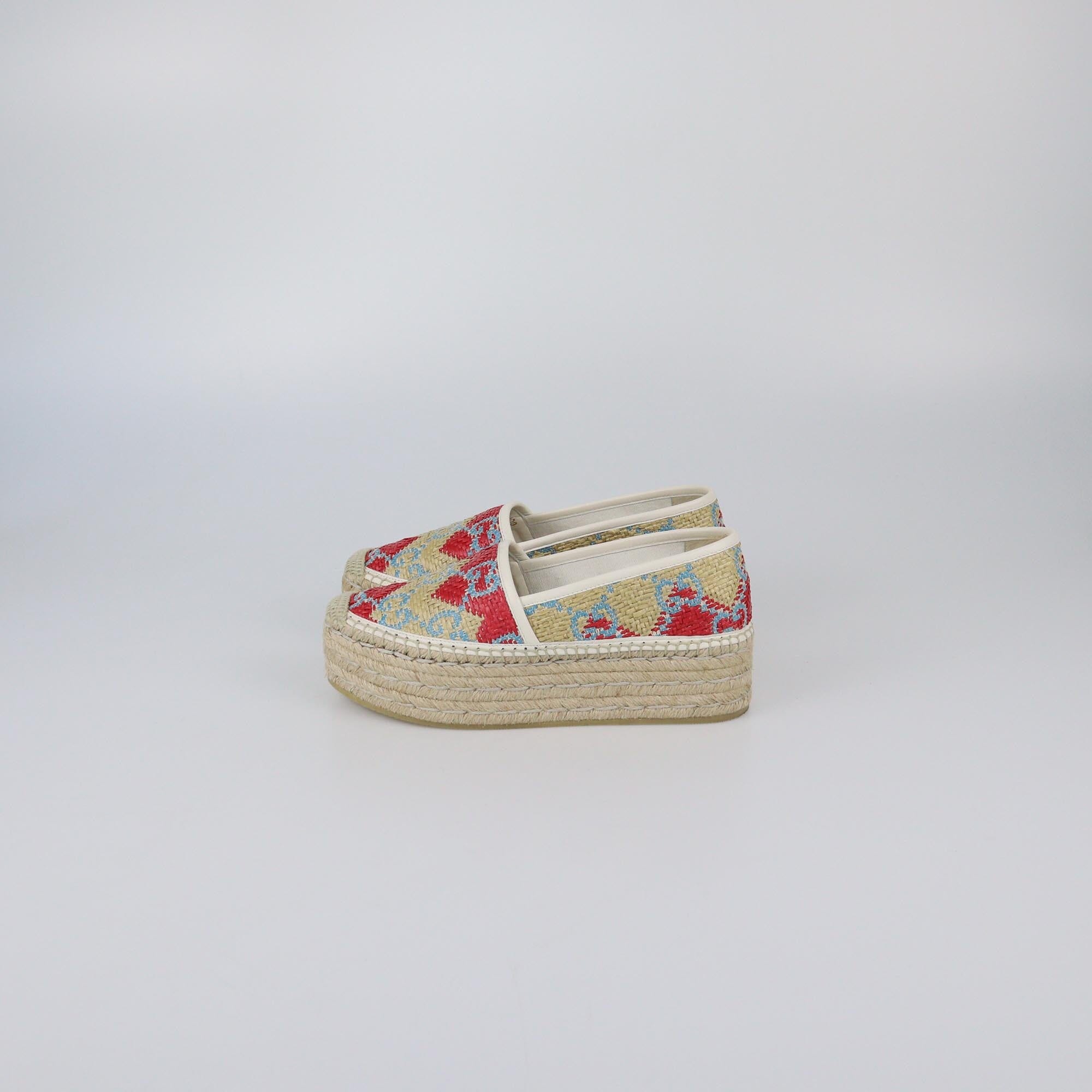 Gucci Multicolor GG Woven Platform Espadrille Flats Womens Gucci 